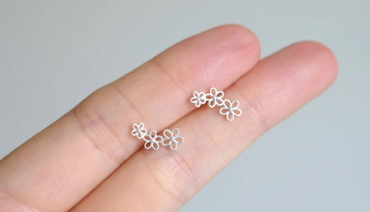 Three Flowers Silver Stud Earrings - Dainty 925 Sterling Silver Stud Friction Push Back Earrings