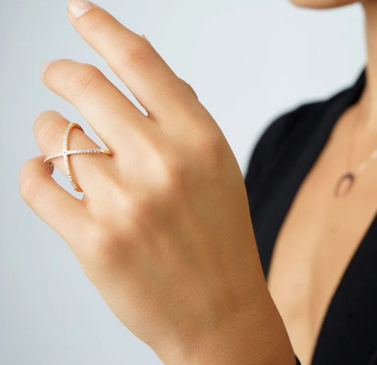 Gold criss cross ring - Cross X ring - 925 Sterling silver criss cross ring - X cross ring