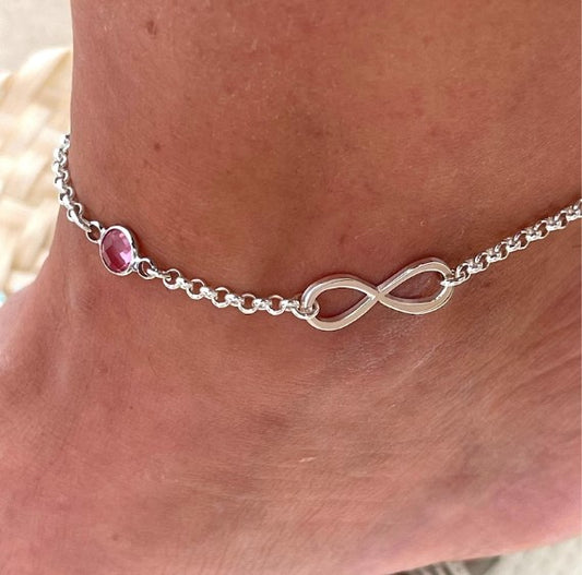 Silver Anklet for Women with Infinity & Birthstone Charm-Rolo Chain Ankle Bracelet