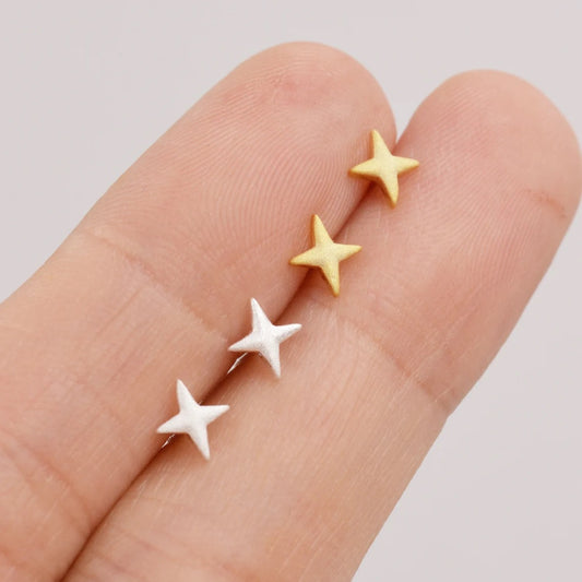 Sterling Silver Four Point Star Stud Earrings - Tiny Celestial Design