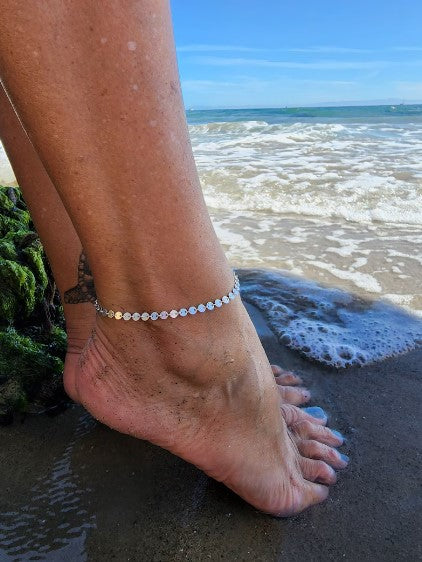 Sequin Chain Anklet, Dainty, Waterproof, Non Tarnishing, Beach, Swim, Summer