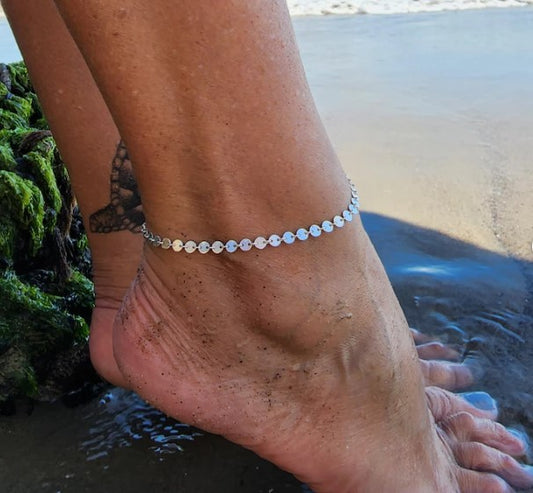 Sequin Chain Anklet, Dainty, Waterproof, Non Tarnishing, Beach, Swim, Summer