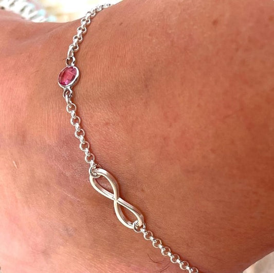 Silver Anklet for Women with Infinity &amp; Birthstone Charm-Rolo Chain Ankle Bracelet