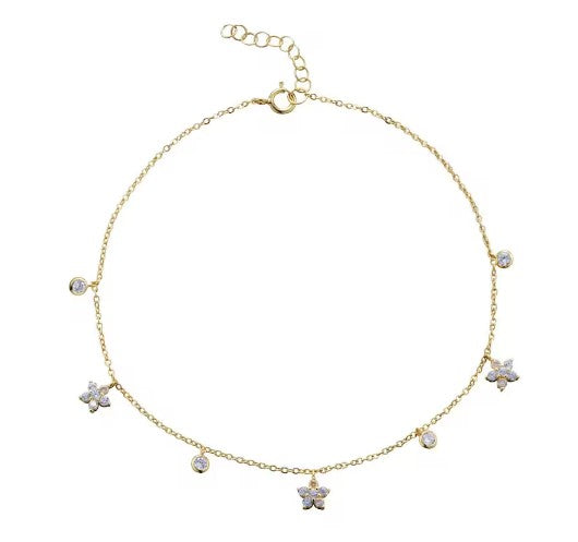 Dainty & Minimalist Dangling CZ Flowers and CZ Charms Anklet