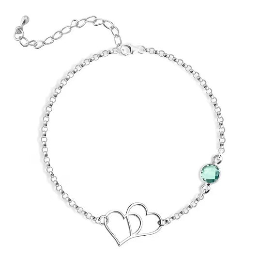 925 Silver Heart Anklet with Birthstone - Rolo Chain Ankle Bracelet