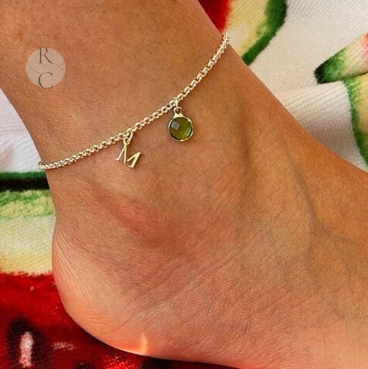 Silver anklets for Women-Personalized Initial Ankle Bracelet with Birthstone Charm