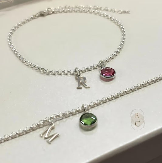 Silver anklets for Women-Personalized Initial Ankle Bracelet with Birthstone Charm