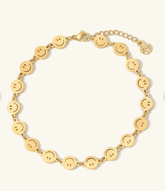 18K Gold Smile Face Bracelet, Pearl Bead Bracelet, Herringbone Bracelet