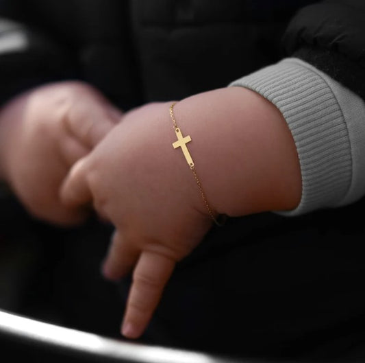 14K Solid Gold Cross Bracelet, Dainty Crucifix Tiny Bracelet for Kids and Baby