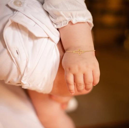 14K Solid Gold Cross Bracelet, Dainty Crucifix Tiny Bracelet for Kids and Baby