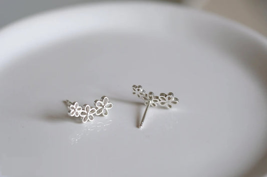 Three Flowers Silver Stud Earrings - Dainty 925 Sterling Silver Stud Friction Push Back Earrings, Floral, Nature, Valentine's, Gift, Cute