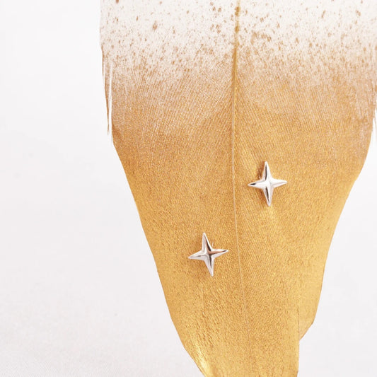 Sterling Silver Four Point Star Stud Earrings - Tiny Celestial Design